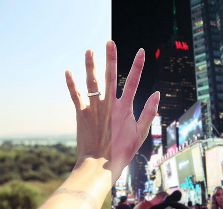 遠距離カップルが寫真を繋ぎ合わせてツーショット