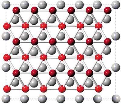 ボロフェンの銀の表面における構(gòu)造（赤色と朱色はホウ素原子の起伏を示す）
