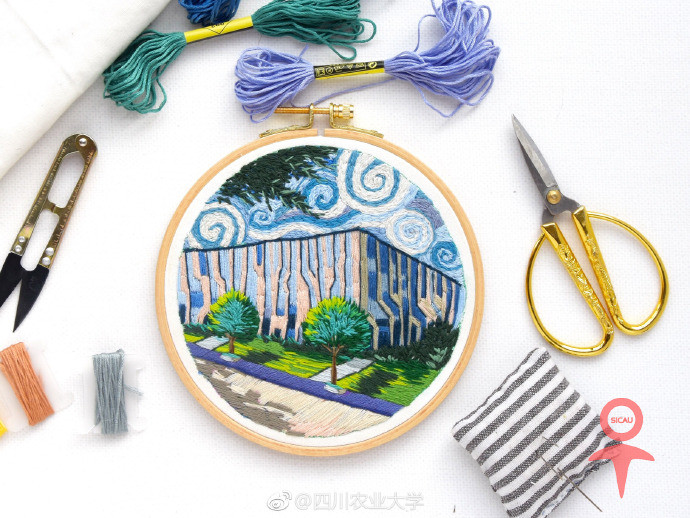 キャンパスの美しい風(fēng)景を刺繍で表現(xiàn)した成都の男子大學(xué)生