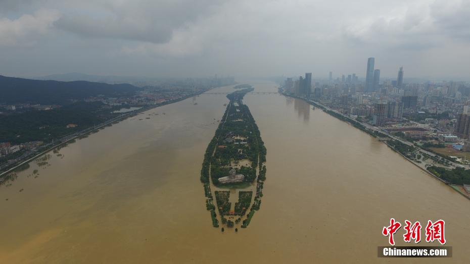 警戒水位を超えた長沙市、湘江の橘子洲景勝地が冠水