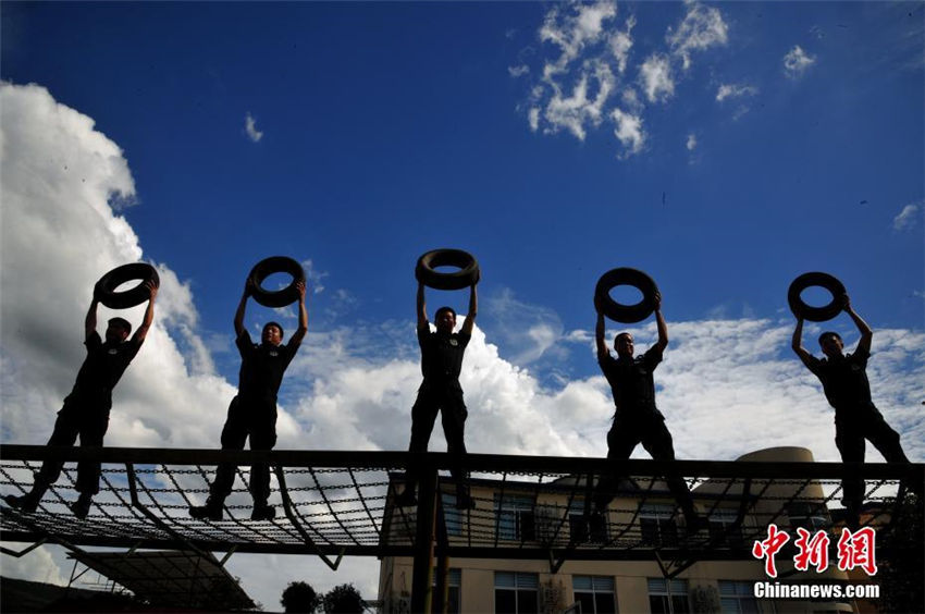 強烈な日差しの下、訓練に勵む特別警察官たち