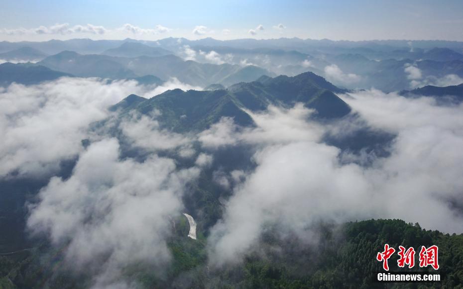 深い霧に包まれた仙境　貴州省の小さな村の早朝の絶景