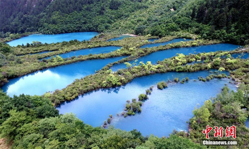 上空から俯瞰した九寨溝の池、震災(zāi)後も変わらず青々と美しい色　四川省