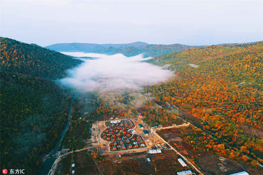 秋が訪れた吉林省の景勝地　様々な色に染まる木々