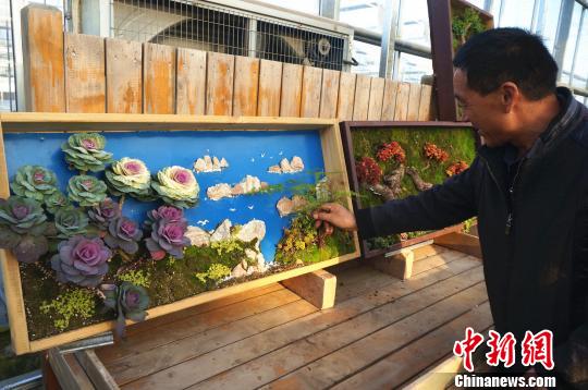 木枠に植物を植えこんで描いた壁掛け植物アート