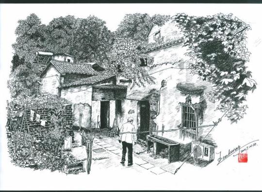 70歳の男性が描いたペン畫「故郷の懐かしい風景」がネット上で話題に