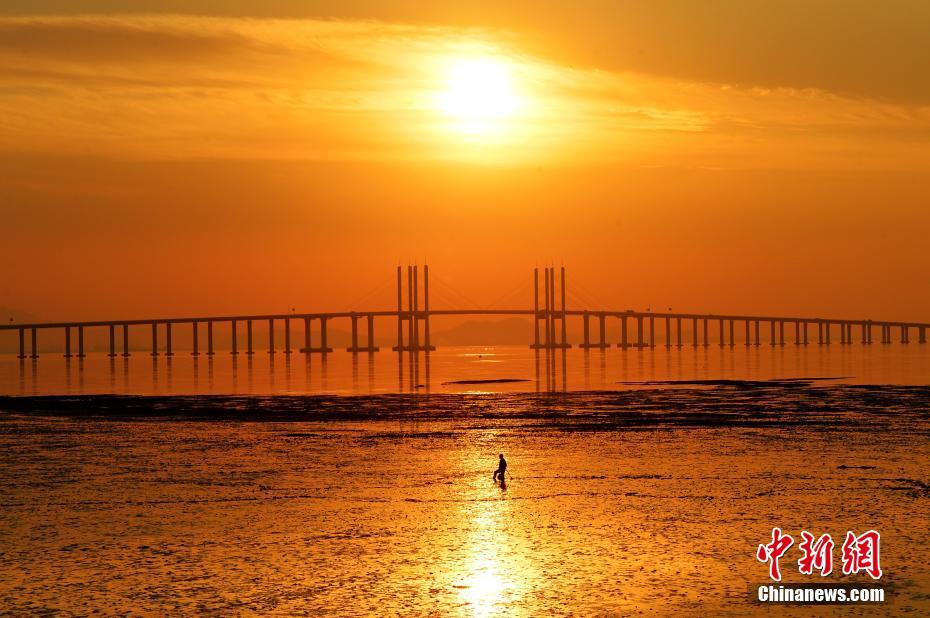 まるで「虹の橋」のように美しい風(fēng)景　夕日に照らされた海と大橋　山東省