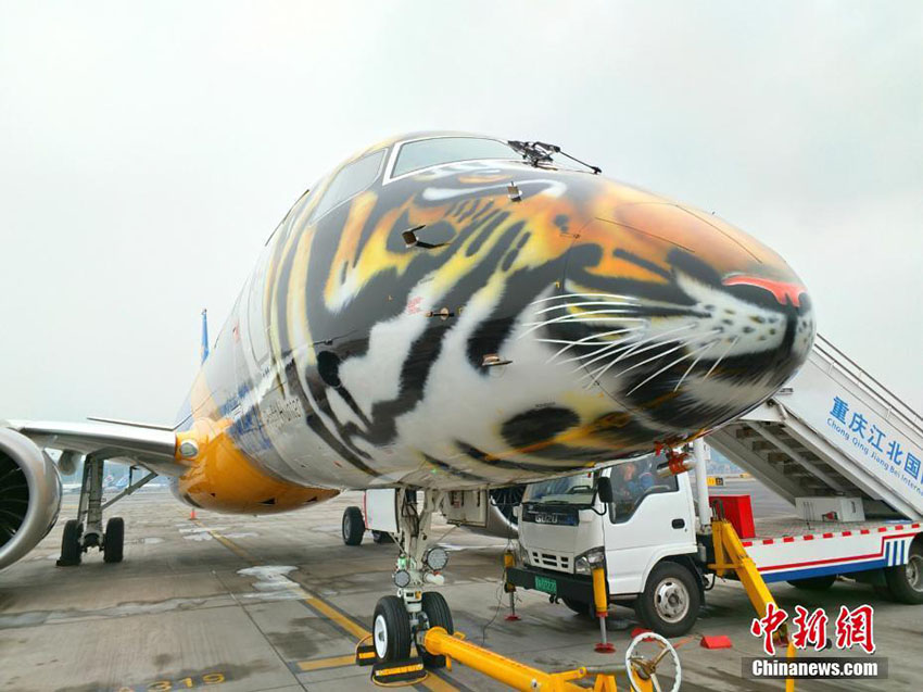 トラがペイントされたブラジル航空の旅客機(jī)、重慶の空港に著陸