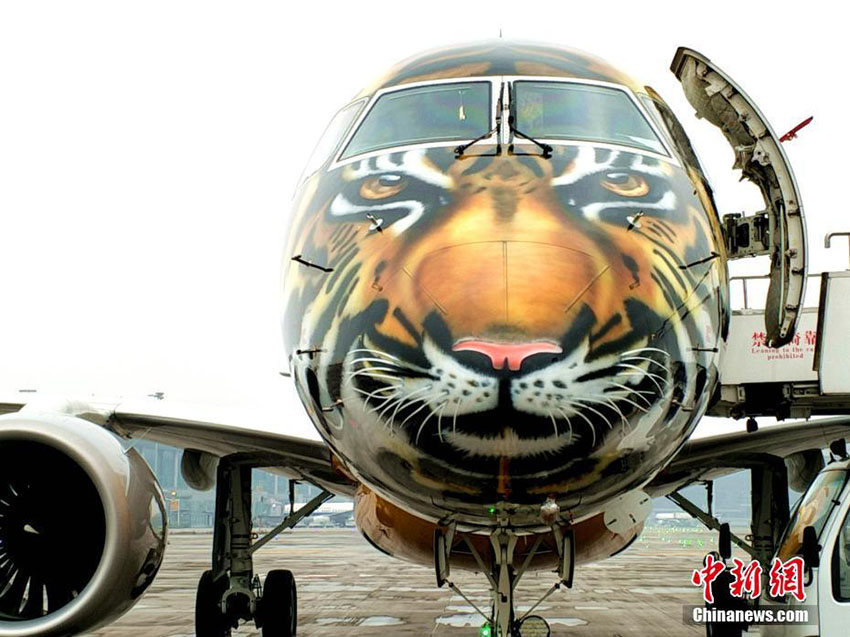 トラがペイントされたブラジル航空の旅客機(jī)、重慶の空港に著陸