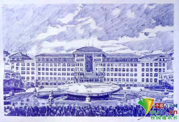 男子大學生が母校の創(chuàng)立20周年を記念して描いたボールペン畫が話題　