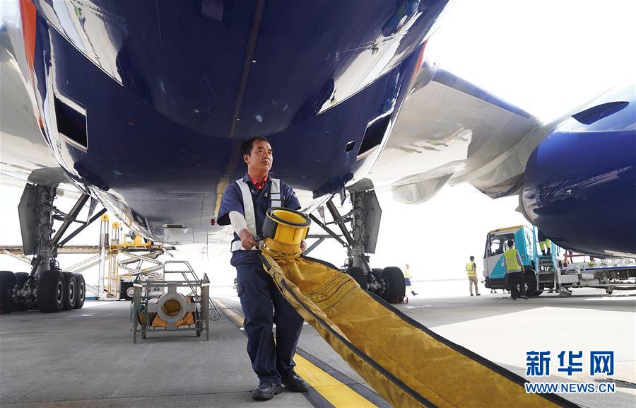 上海の空港職員、炎天下の中任務(wù)を著実に遂行