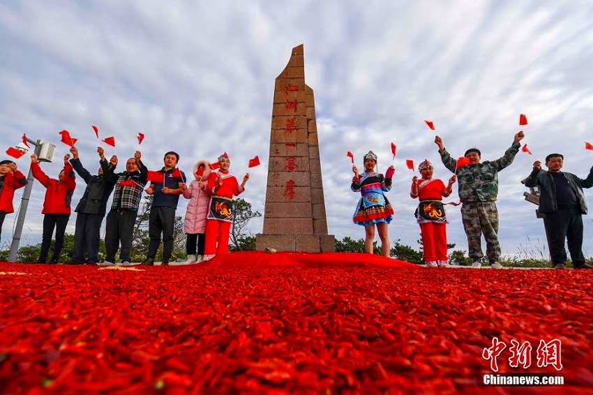 豊作祝い真っ赤なトウガラシ8トンで巨大中國國旗　浙江省龍泉山