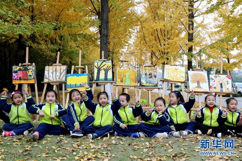 園児たち、黃金色に染まるイチョウ林の美しい景色を描く　浙江省