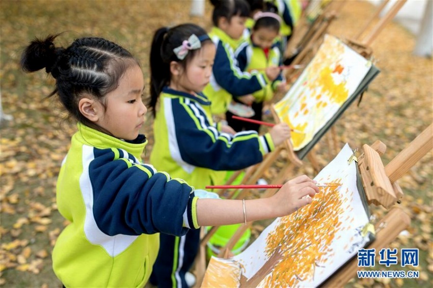 園児たち、黃金色に染まるイチョウ林の美しい景色を描く　浙江省
