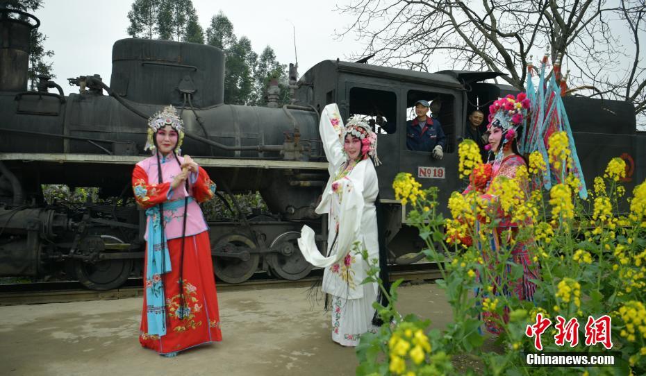 春に向かって菜の花畑を進(jìn)む懐かしのSL　四川省