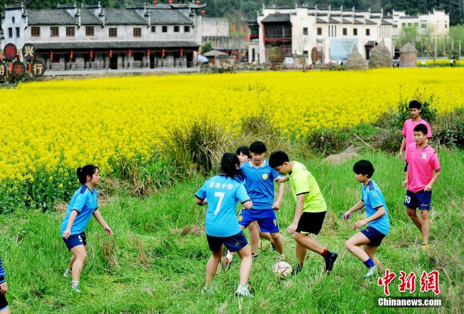 農(nóng)地を「競技場」にしてサッカー楽しむ學(xué)生たち　江西省