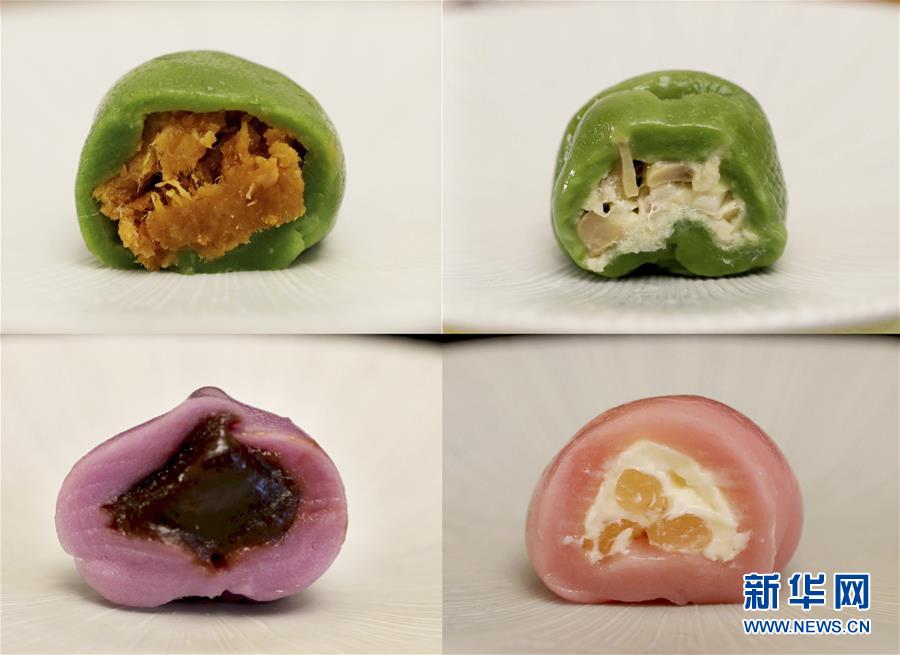 上海の老舗?杏花樓の各種「青団」（4月2日撮影?劉穎、コラージュ寫真）。