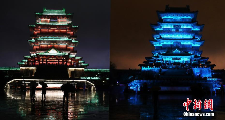 普段の滕王閣と青色にライトアップされた滕王閣の比較寫真（コラージュ寫真、撮影?劉占昆）。