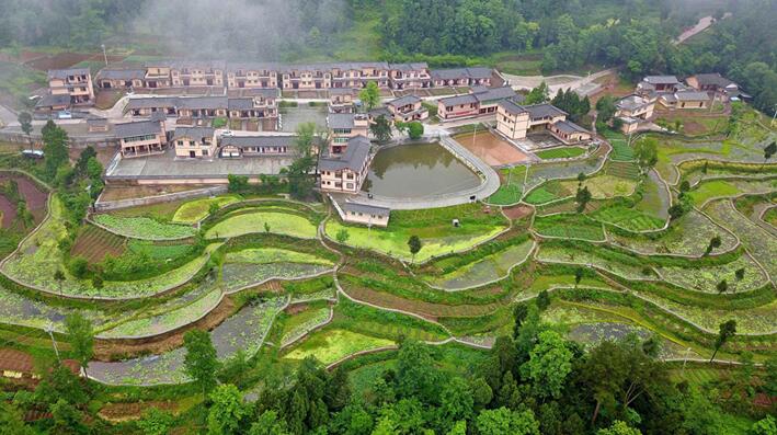 2019年5月16日、四川省巴中市南江県朱公郷百坪村で、改良作業(yè)を経た住居と苗が出てきたばかりのハス畑が、繁栄に向かう新しい農(nóng)村の美しい絵巻を形成した。（撮影：肖定懐。寫真提供は人民図片）