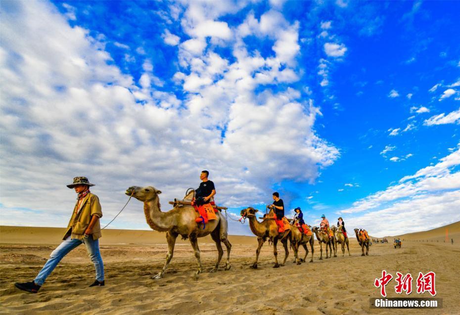 雨上がりの敦煌?鳴沙山　夕日の中をラクダが行く絵のような景色　甘粛省