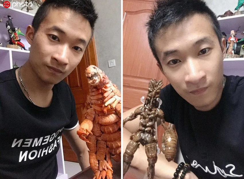 甲殻類の殻やセミの抜け殻などを使って作り上げた「作品」を手にする陳毅さん（寫真著作権は東方ICが所有のため転載禁止）。