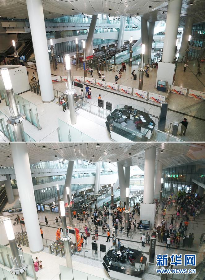 高速鉄道香港西九龍駅の出発ホール。上は8月21日（撮影?秦晴）、下は2018年9月24日（撮影?毛思倩）。