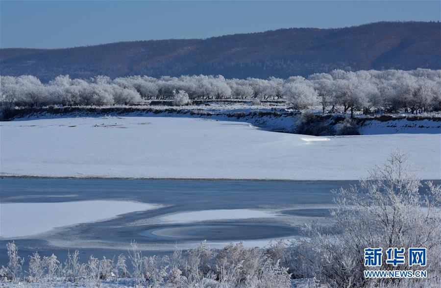黒竜江の岸辺に広がる美しい霧氷の風景　黒竜江省