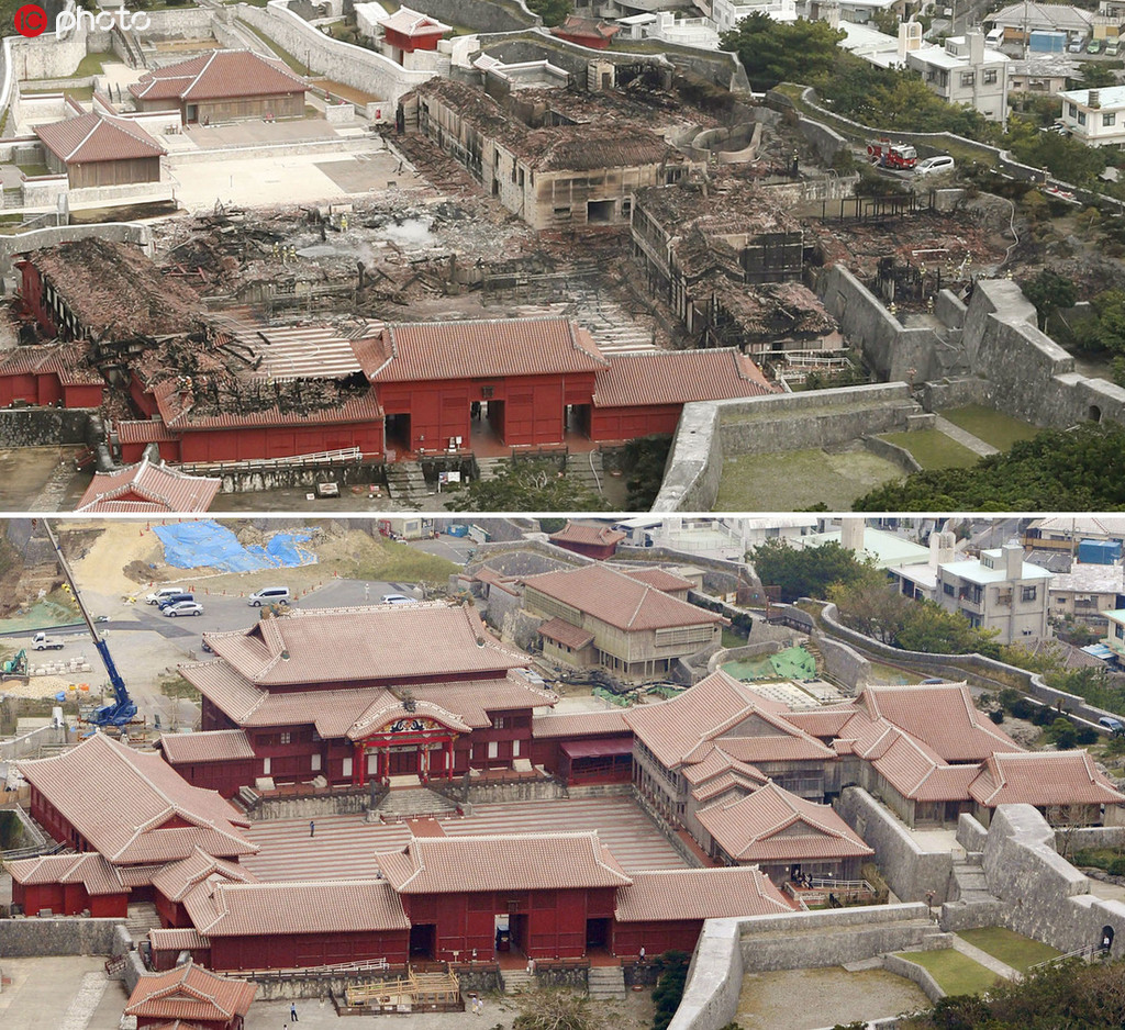 世界文化遺産に登録されている日本沖縄県?首里城の火災(zāi)前後の比較寫(xiě)真（寫(xiě)真著作権は東方ICが所有のため転載禁止）。