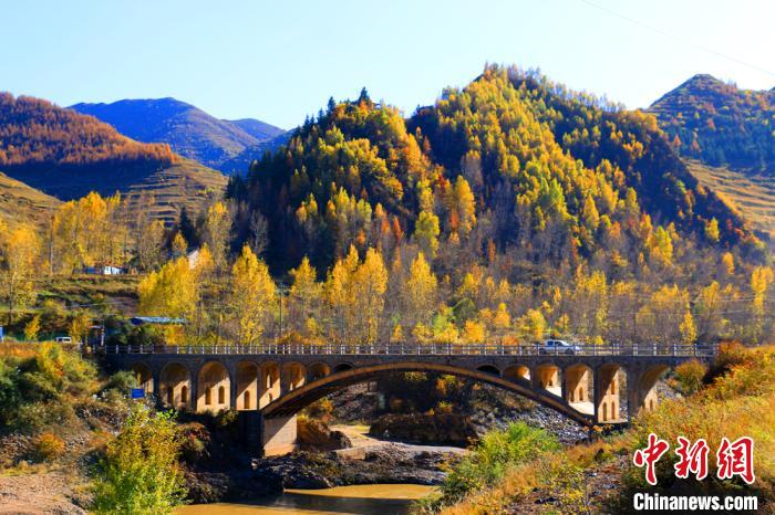 霜降が過ぎ、山の木々が色鮮やかに紅葉した甘粛省中部の定西市岷県內（撮影?馬萬安）。