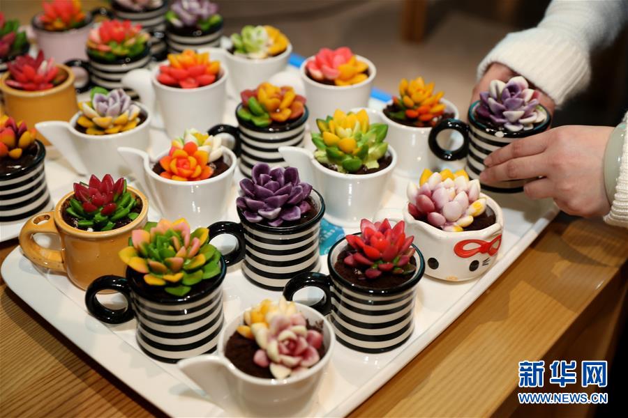 上海海洋大學(xué)食堂の多肉植物を模したスイーツ「『多肉』ムース」（撮影?劉穎）。