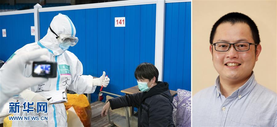 左：武漢武昌方艙醫(yī)院（臨時醫(yī)療施設）で、全快して退院する新型コロナウイルス感染患者に親指を立てて見送る、中南大學湘雅第二病院の臺適さん（3月10日撮影）。右：中南大學湘雅第二病院スタッフ駐在エリアで湖南に帰る準備をする臺適さん（3月17日撮影?沈伯韓）。