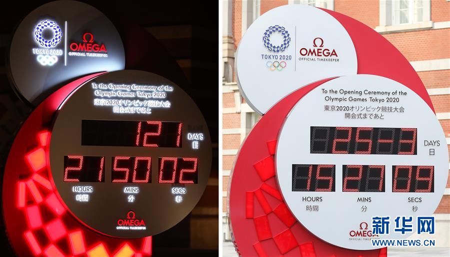寫真左は3月24日午後10時(shí)10分、東京駅前に設(shè)置されていた東京オリンピックのカウントダウンクロック。寫真右は3月25日午後3時(shí)27分、カウントダウンから日時(shí)?時(shí)刻の表示に変わっていた東京駅前のカウントダウンクロック(撮影?杜瀟逸)。