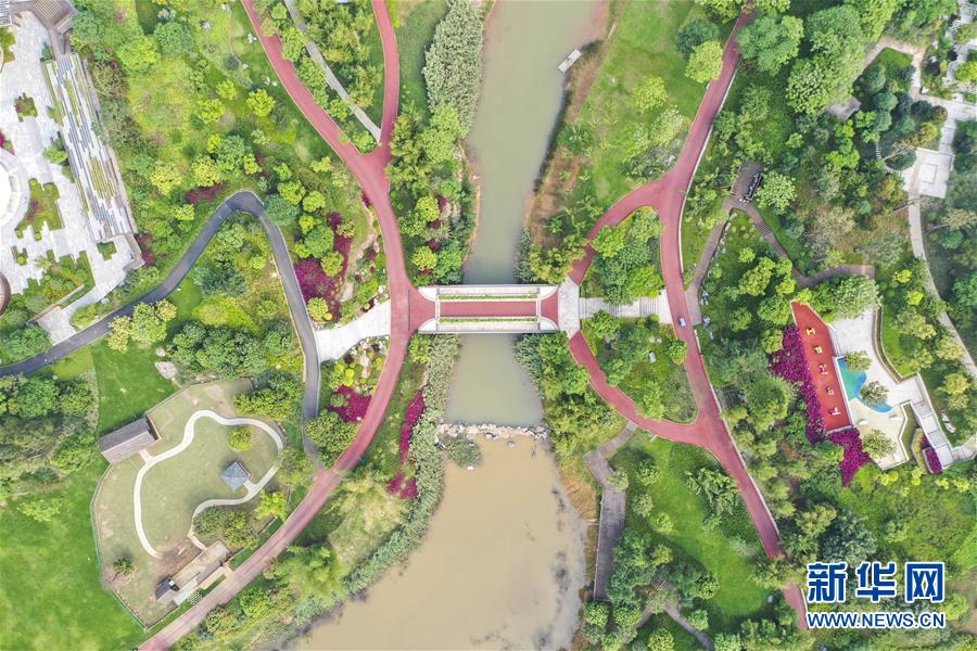 南寧園博園の春景色（4月9日、ドローンによる撮影?曹祎銘）。