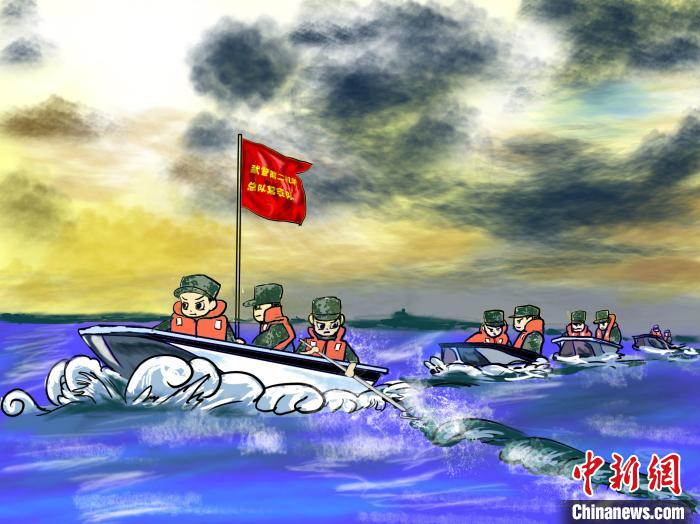 勇敢に洪水救援活動する武裝警官たちの姿描いたイラスト