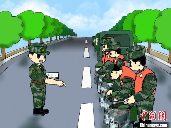 勇敢に洪水救援活動(dòng)する武裝警官たちの姿描いたイラスト