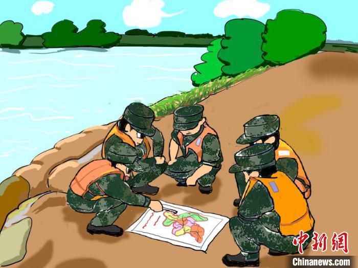 勇敢に洪水救援活動する武裝警官たちの姿描いたイラスト