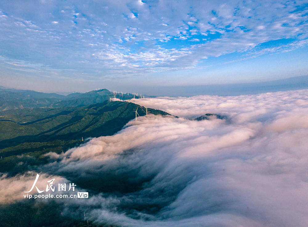 雲(yún)海の「波間」から見(jiàn)え隠れする風(fēng)力発電機(jī)　河南省三門(mén)峽