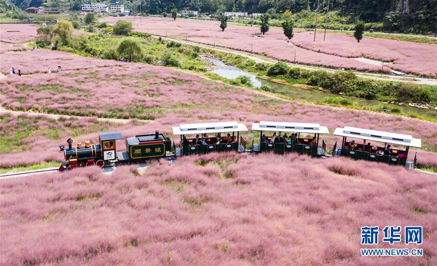 9月2日、貴州省長順県神泉谷景勝地で、ミニトレインに乗る観光客（ドローンによる撮影?陶亮）。