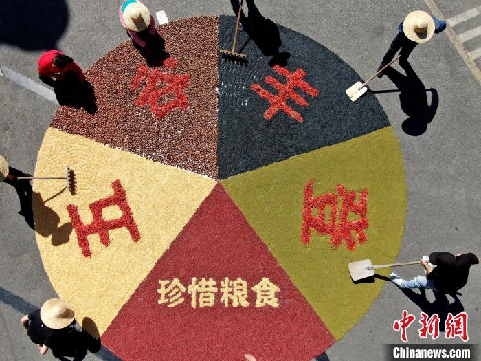 農(nóng)民豊作祭　穀物で描かれた色鮮やかな五穀豊穣の「絵」