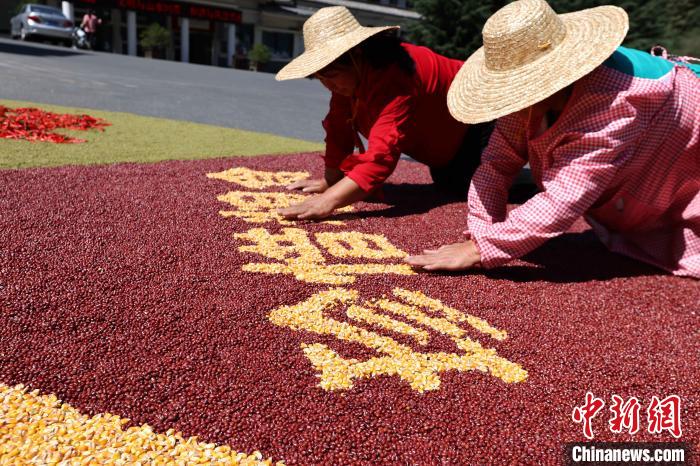 農(nóng)民豊作祭　穀物で描かれた色鮮やかな五穀豊穣の「絵」