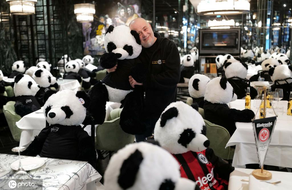 11月24日、獨(dú)フランクフルトで、店內(nèi)の座席全てにパンダのぬいぐるみを座らせたレストラン店主（寫真著作権は東方ICが所有のため転載禁止）。