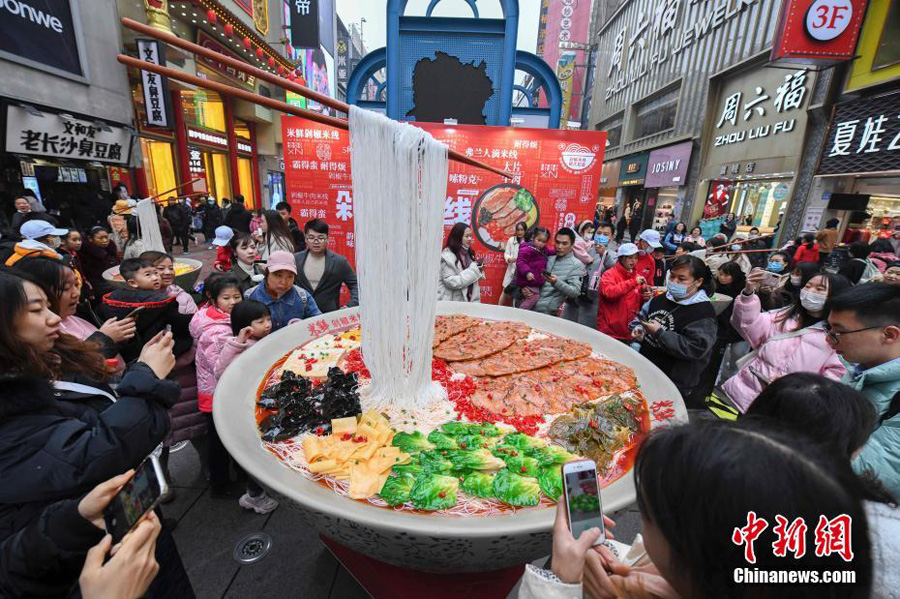 11月28日、直徑2メートル、高さ2.5メートルのリアルな巨大ピリ辛ビーフンの模型を興味深そうに眺める市民（撮影?楊華峰）。