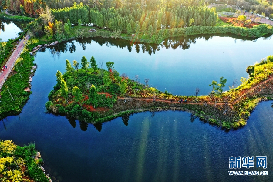 カラフルに色づいた木々が織りなす美しい景色広がる海洪濕地公園　雲(yún)南省昆明