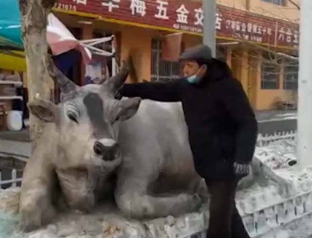 雪で作ったリアルな牛に「本物の牛を凍らせたんじゃ？」の聲　新疆