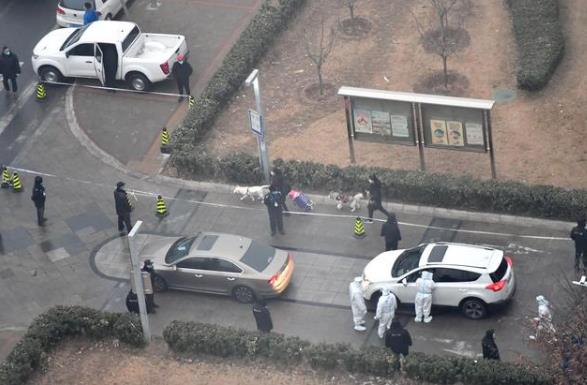 1月25日、北京市大興區(qū)天宮院街道の融匯社區(qū)（コミュニティ）內で、集中隔離専門施設に向かうため、ペットの犬を連れて車に乗り込む2人の住民（撮影?孫瑞博）。