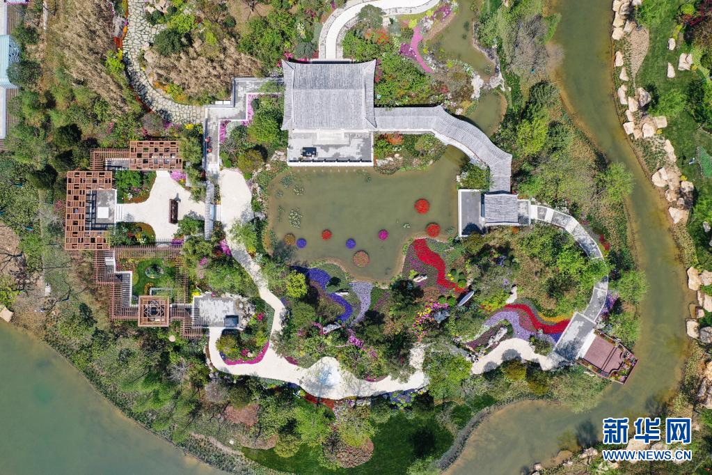 4月8日、2021年揚(yáng)州世界園蕓博覧會(huì)會(huì)場(chǎng)（ドローンによる撮影）。