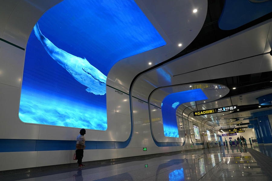 巨大スクリーンに突然現(xiàn)れる深海に住むシロナガスクジラ（寫真著作権はCFP視覚中國(guó)が所有のため転載禁止）。