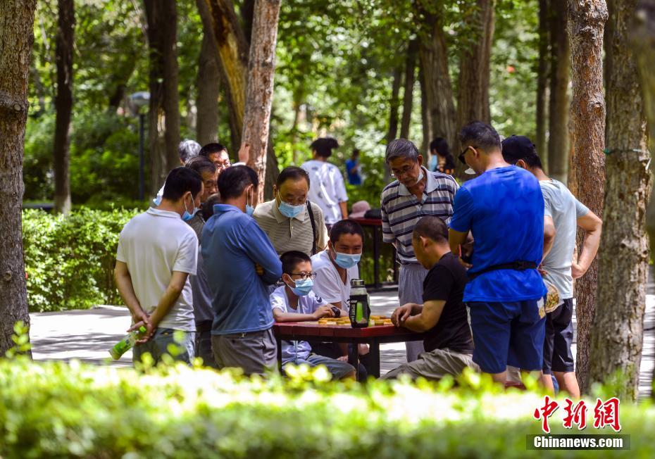 新疆ウルムチ市人民公園で6日、木陰に集まり中國將棋を打つ市民（撮影?劉新）。
