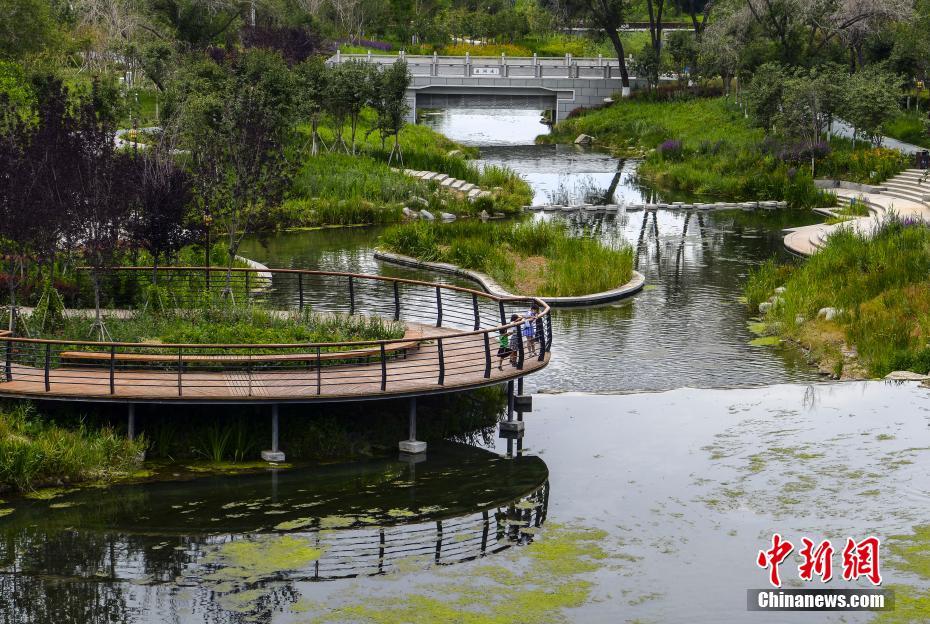 7月7日、新疆維吾爾（ウイグル）自治區(qū)烏魯木斉（ウルムチ）市にある水磨河リバーサイド景観遊歩道を歩く市民（撮影?劉新）。