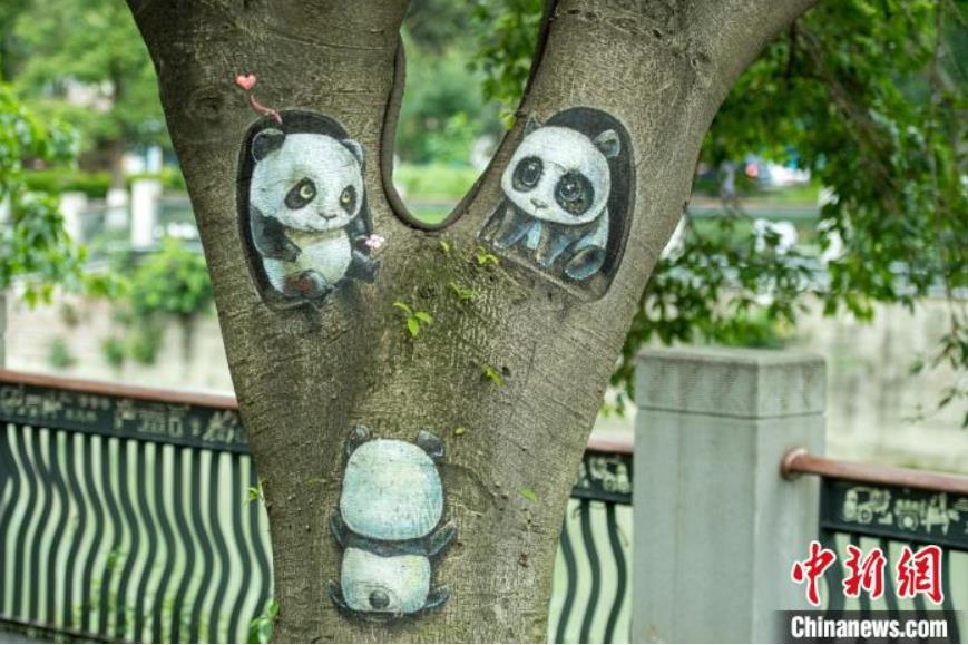 成都?府河の川岸の木がキャンバスに　四川省